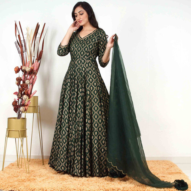 Ready to wear Dark Green Gold Printed Gown