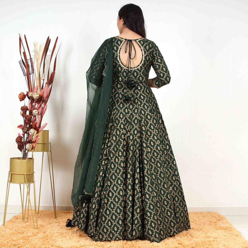 Ready to wear Dark Green Gold Printed Gown