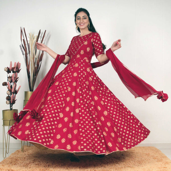 Ready to wear Maroon Multi Golden Block Printed Gown