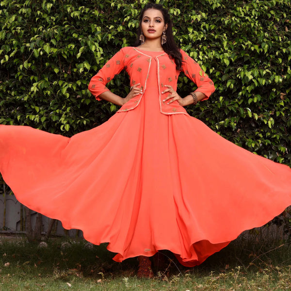 Buy Orange Handwork Printed Georgette Sleeveless Long Kurta With Palazzo  And Chiffon Dupatta  Set Of 3 by BAIRAAS at Ogaan Market Online Shopping  Site